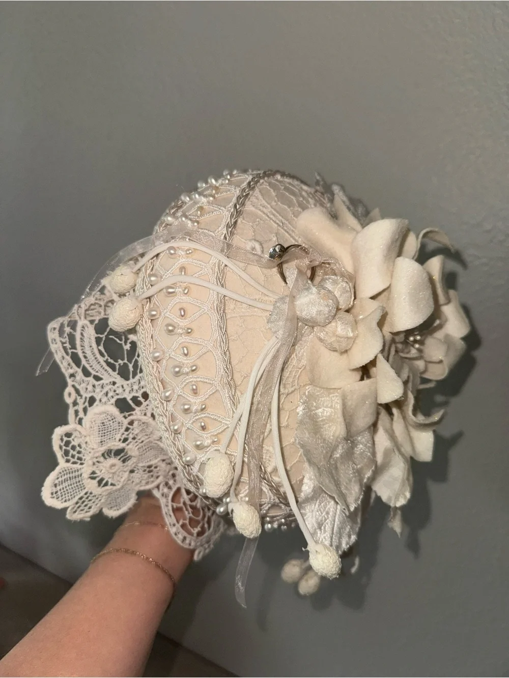 Ivory Ring bearer beaded lace pillow.